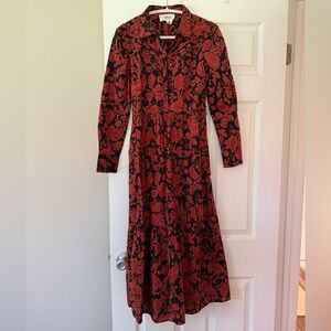 ba&sh Red and Black Floral Long Sleeve Dress with Belt